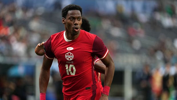 INGLEWOOD, CALIFORNIA - MARCH 23: Jonathan David #10 of Canada celebrates after scoring his team's second goal against the United States during the second half of the CONCACAF Nations League third-place match at SoFi Stadium on March 23, 2025 in Inglewood, California. (Photo by Michael Owens/Getty Images)