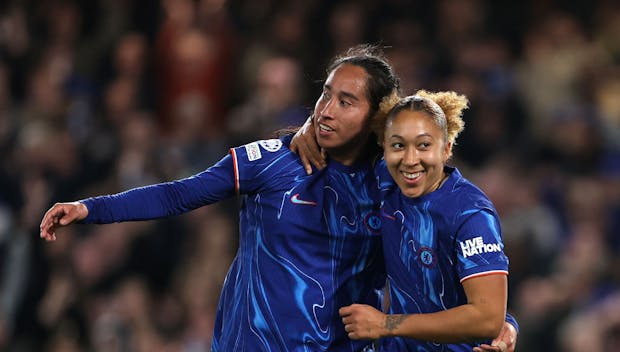 LONDON, ENGLAND - MARCH 27: Mayra Ramirez of Chelsea celebrates scoring her team's third goal with teammate Lauren James during the UEFA Women's Champions League Quarter Finals Second Leg match between Chelsea FC and Manchester City at Stamford Bridge on March 27, 2025 in London, England. (Photo by Alex Pantling/Getty Images)