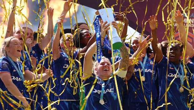 LONDON, ENGLAND - MAY 10: Millie Bright of Chelsea lifts the Barclays Women's Super League title trophy following the team's victory in the Barclays Women's Super League match between Chelsea FC and Liverpool FC at Stamford Bridge on May 10, 2025 in London, England. (Photo by Tom Dulat/Getty Images)
