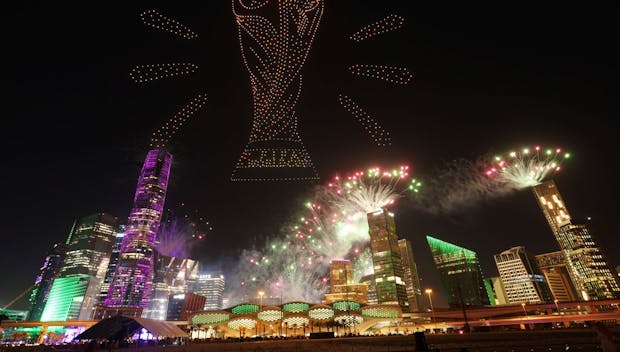 RIYADH, SAUDI ARABIA - DECEMBER 11: A drone show is seen displaying the FIFA World Cup Trophy as Saudi Arabia is announced as the host nation for the FIFA World Cup 2034 on December 11, 2024 in Riyadh, Saudi Arabia. (Photo by Christophe Viseux/Getty Images for Saudi Arabian Football Federation)