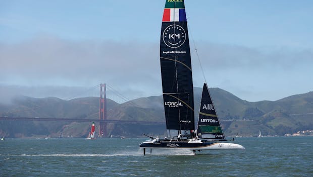 SAN FRANCISCO, CALIFORNIA - MARCH 23: The France SailGP team sail during day 2 of the Oracle San Francisco SailGP on March 23, 2025 in San Francisco, California. (Photo by Lachlan Cunningham/Getty Images)