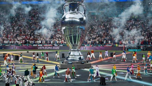 LONDON, ENGLAND - JULY 11: A large replica of the trophy is displayed during the closing ceremony of the UEFA Euro 2020 Championship Final between Italy and England at Wembley Stadium on July 11, 2021 in London, United Kingdom. (Photo by