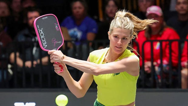 LAS VEGAS, NEVADA - FEBRUARY 16: Eugenie Bouchard plays in a doubles match with Andy Roddick against Steffi Graf and Andre Agassi during Pickleball Slam 3 at Michelob ULTRA Arena on February 16, 2025 in Las Vegas, Nevada. (Photo by Ethan Miller/Getty Images)