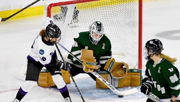 LOWELL, MASSACHUSETTS - MAY 29: Aerin Frankel #31 of Boston makes a save in the first period against Michela Cava #86 of Minnesota during Game Five of the PWHL Finals at Tsongas Center on May 29, 2024 in Lowell, Massachusetts. (Photo by Troy Parla/Getty Images)