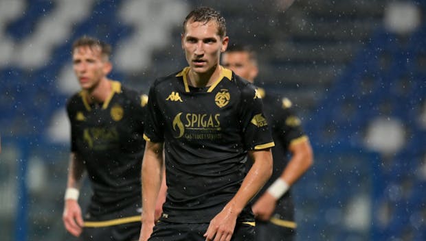 REGGIO NELL'EMILIA, ITALY - NOVEMBER 02: Raimonds Krollis of Spezia Calcio looks on during the Coppa Italia match between US Sassuolo and Spezia Calcio at Mapei Stadium - Citta' del Tricolore on November 02, 2023 in Reggio nell'Emilia, Italy. (Photo by Alessandro Sabattini/Getty Images)