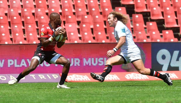 JOHANNESBURG, SOUTH AFRICA - SEPTEMBER 28: Mafura Mafura of the Lions and Werner Kok of Ulster during the United Rugby Championship match between Emirates Lions and Ulster at Emirates Airline Park on September 28, 2024 in Johannesburg, South Africa. (Photo by Sydney Seshibedi/Gallo Images)
