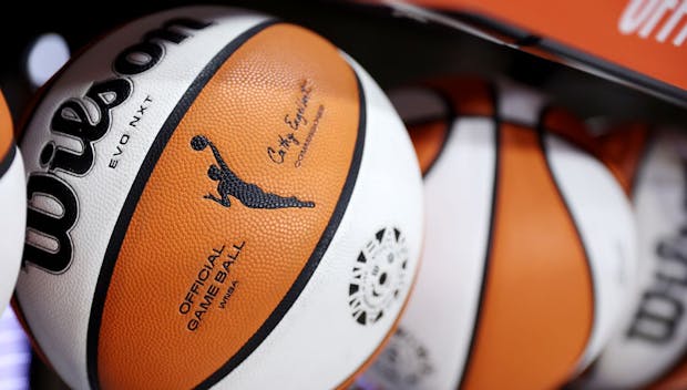 UNCASVILLE, CONNECTICUT - SEPTEMBER 18: A detail of basketballs prior to game four of the 2022 WNBA Finals between the Las Vegas Aces and the Connecticut Sun at Mohegan Sun Arena on September 18, 2022 in Uncasville, Connecticut. NOTE TO USER: User expressly acknowledges and agrees that, by downloading and or using this photograph, User is consenting to the terms and conditions of the Getty Images License Agreement. (Photo by Maddie Meyer/Getty Images)