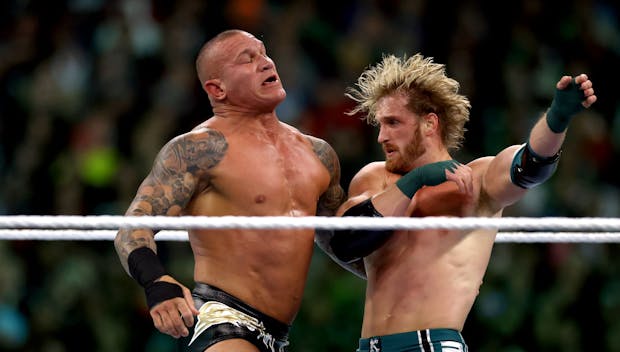 PHILADELPHIA, PENNSYLVANIA - APRIL 07: Logan Paul and Randy Orton fight during Night Two at Lincoln Financial Field on April 07, 2024 in Philadelphia, Pennsylvania. (Photo by Tim Nwachukwu/Getty Images)